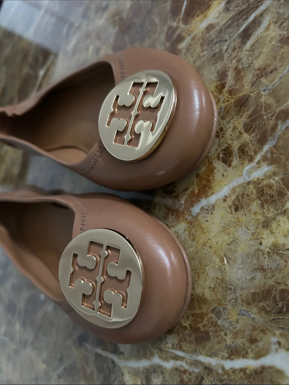 Tory Burch Camel Leather Logo Ballet Flats